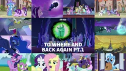 Size: 1966x1107 | Tagged: safe, derpibooru import, editor:quoterific, applejack, cool beans, derpy hooves, discord, double diamond, fluttershy, night glider, party favor, pinkie pie, princess luna, queen chrysalis, rainbow dash, rarity, spike, sugar belle, thorax, trixie, twilight sparkle, alicorn, draconequus, to where and back again, bag, book, changeling hive, disguise, disguised changeling, flower flight, force field, male, mane six, our town, saddle bag, twilight's castle, twilight sparkle (alicorn)