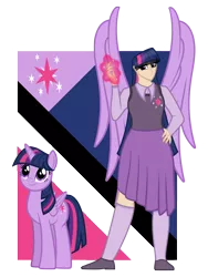 Size: 4500x6000 | Tagged: safe, artist:cyril_deroach, derpibooru import, twilight sparkle, twilight sparkle (alicorn), alicorn, human, pony, art pack:equestria humanized project, abstract background, clothes, cutie mark, cutie mark on clothes, duality, duo, duo female, female, human ponidox, humanized, magic, mare, self ponidox, show accurate, simple background, solo, transparent background, winged humanization, wings