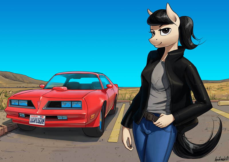 Size: 3307x2339 | Tagged: safe, artist:apocheck13, derpibooru import, oc, oc:elya, unofficial characters only, anthro, belt, car, clothes, female, image, jacket, jeans, leather jacket, pants, png, pontiac, pontiac firebird, ponytail, solo