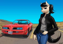Size: 3307x2339 | Tagged: safe, artist:apocheck13, derpibooru import, oc, oc:elya, unofficial characters only, anthro, belt, car, clothes, female, image, jacket, jeans, leather jacket, pants, png, pontiac, pontiac firebird, ponytail, solo