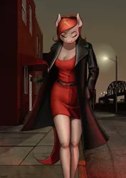 Size: 2000x2829 | Tagged: safe, artist:apocheck13, derpibooru import, oc, unofficial characters only, anthro, clothes, early, eyes closed, female, image, jacket, morning, png, red dress, solo, street, walking