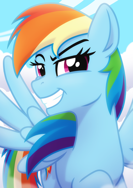 Size: 1980x2800 | Tagged: safe, artist:whitequartztheartist, derpibooru import, rainbow dash, pegasus, pony, cloud, faic, female, grin, sky, smiling, smug, smugdash, solo