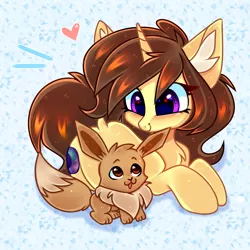 Size: 3000x3000 | Tagged: safe, artist:pesty_skillengton, derpibooru import, oc, oc:astral flare, eevee, pony, unicorn, abstract background, blushing, chest fluff, chibi, cutie, dock, ear fluff, female, looking at each other, lying down, mare, open mouth, pokémon, prone, smiling, solo