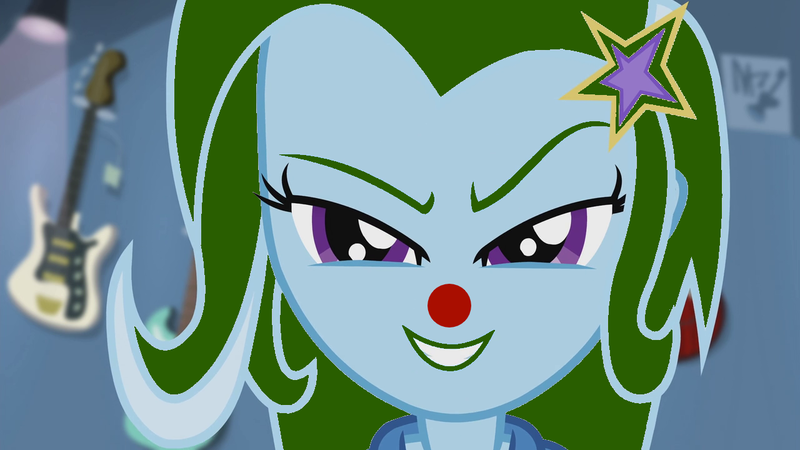 Size: 1280x720 | Tagged: safe, derpibooru import, edit, edited screencap, editor:earwaxkid, screencap, trixie, equestria girls, guitar centered, rainbow rocks, clothes, clown, cosplay, costume, the joker