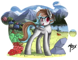 Size: 2600x2000 | Tagged: safe, artist:supermoix, derpibooru import, oc, unofficial characters only, butterfly, insect, pegasus, pony, cute, eye clipping through hair, female, flower, forest, looking at you, mare, mountain, open mouth, rock, scenery, simple background, smiling, smiling at you, solo, tree