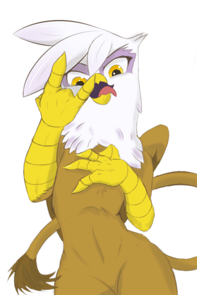 Size: 666x1000 | Tagged: safe, artist:[redacted], derpibooru import, gilda, gryphon, alpha channel, beak, devil horn (gesture), drawthread, female, looking at you, open beak, open mouth, simple background, solo, standing, tongue out, transparent background, yellow eyes