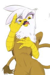 Size: 666x1000 | Tagged: safe, artist:[redacted], derpibooru import, gilda, gryphon, alpha channel, beak, devil horn (gesture), drawthread, female, looking at you, open beak, open mouth, simple background, solo, standing, tongue out, transparent background, yellow eyes