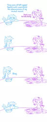 Size: 707x1814 | Tagged: safe, artist:raridashdoodles, derpibooru import, edit, rainbow dash, rarity, pegasus, pony, unicorn, ..., bowl, comic, dialogue, female, food, grumpy, mare, plate, table