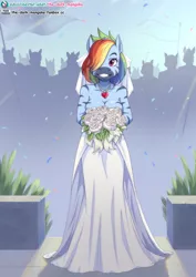 Size: 724x1023 | Tagged: anthro, artist:the-dark-mangaka, bodypaint, bouquet, breasts, busty rainbow dash, cleavage, clothes, confetti, derpibooru import, dress, eyelashes, female, female focus, flag, flower, grin, hair over one eye, jewelry, marriage, necklace, outdoors, pegasus, rainbow dash, rose, safe, sexy, smiling, solo focus, striped, stupid sexy rainbow dash, tomboy taming, wedding, wedding dress, wingless, wingless anthro, zebra, zebradom