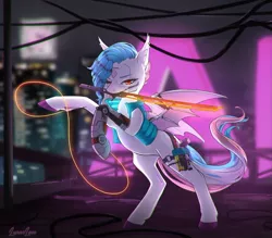 Size: 1200x1050 | Tagged: safe, artist:lunarlacepony, derpibooru import, oc, oc:chroma slip, pegasus, pony, cyberpunk, gun, katana, sword, weapon