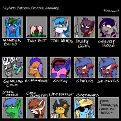Size: 1500x1500 | Tagged: safe, artist:skydreams, derpibooru import, oc, oc:cade quantum, oc:dusky gear, oc:galaxy rose, oc:lady foxtrot, oc:scaramouche, oc:searing cold, oc:skitzy, oc:skydreams, oc:sparky showers, oc:static spark, oc:tail winds, oc:two bit, oc:wander bliss, alicorn, bat pony, bat pony alicorn, changeling, dragon, earth pony, fox, kirin, original species, plane pony, pony, red panda, unicorn, :p, ahegao, angry, bat pony oc, bat wings, blushing, blushing ears, crying, dead stare, disguise, disguised changeling, drool, drool string, ear piercing, earring, emoji, emotes, female, glasses, heart, horn, jewelry, looking at you, male, mare, open mouth, patreon, patreon reward, piercing, plane, pounce, sad, screwdriver, stallion, sunglasses, thumbs up, tired, tongue out, wings