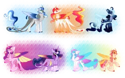 Size: 1280x800 | Tagged: safe, artist:nobleclay, derpibooru import, princess cadance, princess celestia, princess flurry heart, princess luna, twilight sparkle, twilight sparkle (alicorn), oc, oc:major, oc:royal grove, alicorn, pony, alternate design, female, male, multicolored hair, simple background, stallion, tail feathers, transparent background