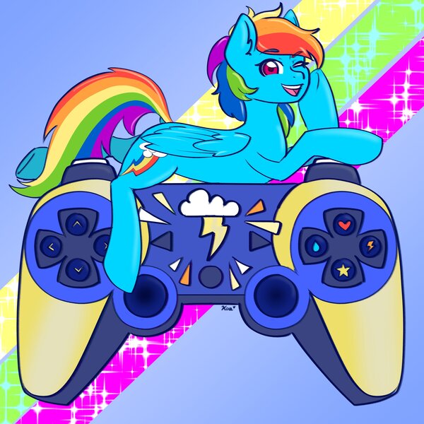 Size: 2500x2500 | Tagged: safe, artist:koa, artist:koapony, derpibooru import, rainbow dash, pegasus, pony, controller, dualshock controller, female, one eye closed, open mouth, playstation, playstation 3, solo, wink