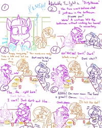 Size: 4779x6013 | Tagged: safe, artist:adorkabletwilightandfriends, derpibooru import, cinnamon chai, spike, starlight glimmer, twilight sparkle, twilight sparkle (alicorn), alicorn, dragon, pony, unicorn, comic:adorkable twilight and friends, adorkable, adorkable twilight, bathroom, burrito, cute, dirty hooves, disgusted, disgusting, dork, eating, female, flush, food, fork, funny, give up, gross, hooves, humor, magic, mare, mobile phone, phone, quesadilla, restaurant, restroom, sitting, slice of life, smartphone, soap, soap bubble, spoon, table, table football, table game, taco salad, toilet, toilet humor, unsanitary, waitress, washing, washing hooves, watching