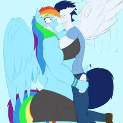 Size: 4000x4000 | Tagged: suggestive, artist:astrum, derpibooru import, rainbow dash, soarin', anthro, pegasus, plantigrade anthro, abs, amazon, biceps, big breasts, blushing, boob squish, bottle, breasts, busty rainbow dash, butt, clothes, deltoids, digital art, duo, eyes closed, female, floppy ears, flying, hand on cheek, height difference, holding head, image, kissing, larger female, male, muscles, muscular female, muscular male, onomatopoeia, pants, png, rainbuff dash, rainbutt dash, shipping, shirt, shocked, shocked expression, shoes, shorts, simple background, size difference, sketch, smaller male, soarindash, sports bra, sports shorts, spread wings, straight, surprised, t-shirt, thighs, thunder thighs, water, water bottle, wide eyes, wings, workout outfit