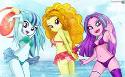 Size: 1596x980 | Tagged: suggestive, artist:charliexe, derpibooru import, adagio dazzle, aria blaze, sonata dusk, equestria girls, adagio dat-azzle, adorasexy, armpits, ass, beach ball, belly button, bikini, breasts, busty adagio dazzle, busty aria blaze, busty dazzlings, busty sonata dusk, butt, cleavage, clothes, cute, female, garter, looking at you, midriff, open mouth, sexy, socks, sonatabetes, swimsuit, the dazzlings, thigh highs, trio, trio female, water