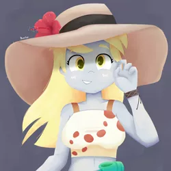 Size: 1800x1800 | Tagged: safe, artist:biocrine, derpibooru import, derpy hooves, equestria girls, breasts, busty derpy hooves, clothes, cute, derpabetes, hat, simple background, solo, sun hat, tanktop