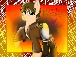 Size: 1024x768 | Tagged: safe, artist:juliet-gwolf18, derpibooru import, oc, ponified, unofficial characters only, earth pony, pony, abstract background, attack on titan, boots, clothes, male, raised hoof, shoes, signature, solo, stallion