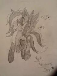 Size: 720x960 | Tagged: safe, artist:juliet-gwolf18, derpibooru import, oc, oc:juliet, unofficial characters only, alicorn, pony, alicorn oc, female, heart, hoof shoes, horn, lineart, mare, open mouth, raised hoof, smiling, solo, traditional art, wings