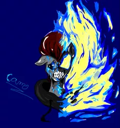 Size: 725x767 | Tagged: safe, artist:@cameron, derpibooru import, oc, oc:blue flare, earth pony, blue background, clothes, cracking skin, crying, evil grin, fiery eyes, fiery mane, grin, hoodie, looking at you, male, ooze, shine, simple background, smiling, solo