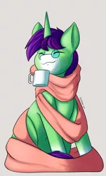 Size: 1782x2945 | Tagged: safe, artist:flashnoteart, derpibooru import, oc, oc:crescent star, crystal pony, unicorn, clothes, commission, crystal unicorn, glasses, mug, oversized scarf, scarf, sitting, smiling, solo