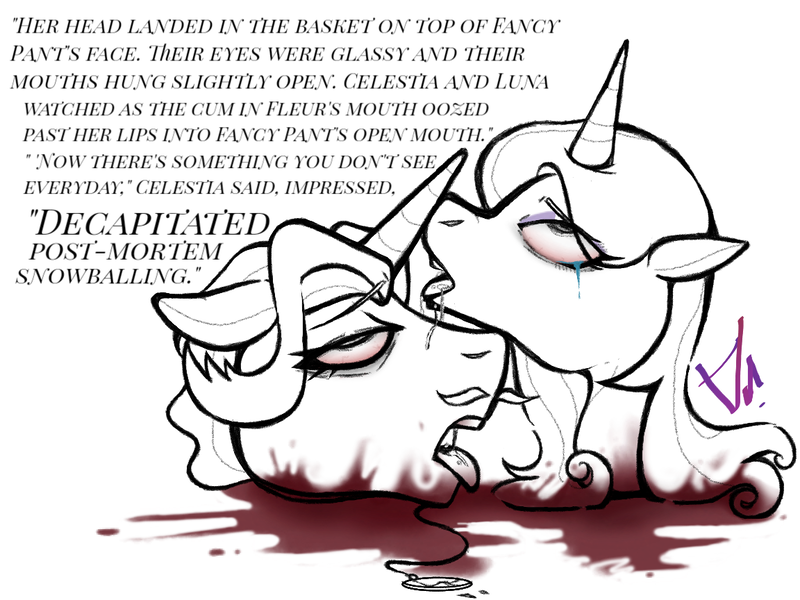 Size: 1152x864 | Tagged: grimdark, questionable, artist:dsstoner, derpibooru import, fancypants, fleur-de-lis, pony, unicorn, 120 days of blueblood, blood, blood on face, blood on the floor, blood splatter, bloodshot eyes, broken glass, crying, cum, cum in mouth, dead, death, decapitated, eyes rolling back, eyeshadow, fanfic art, fetish, implied princess celestia, implied princess luna, makeup, necrophilia, severed head, snowballing, snuff, teary eyes, text