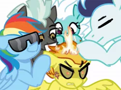 Size: 1067x800 | Tagged: safe, artist:yaaaco, derpibooru import, fleetfoot, rainbow dash, soarin', spitfire, thunderlane, pegasus, pony, eyes closed, female, fire, gritted teeth, male, mare, raised hoof, simple background, spitfire is not amused, spitfire's hair is fire, stallion, sunglasses, this will end in pain, this will end in tears, white background
