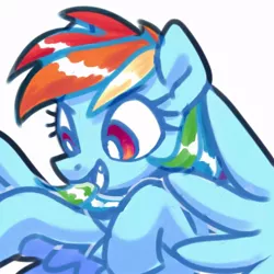 Size: 800x800 | Tagged: safe, artist:yaaaco, derpibooru import, rainbow dash, pegasus, pony, female, flying, grin, mare, raised hoof, simple background, smiling, solo, white background