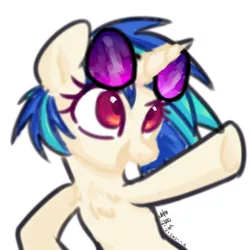 Size: 800x800 | Tagged: safe, artist:yaaaco, derpibooru import, vinyl scratch, pony, unicorn, chest fluff, female, mare, open mouth, pointing, raised hoof, simple background, solo, vinyl's glasses, white background