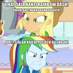 Size: 2289x2289 | Tagged: safe, derpibooru import, edit, edited screencap, screencap, applejack, rainbow dash, equestria girls, equestria girls series, holidays unwrapped, rollercoaster of friendship, spoiler:eqg series (season 2), 200% angry, angry, dashing through the mall, geode of super speed, geode of super strength, holidays unwrapped drama, impact font, indonesian, magical geodes, rage, ragebow dash, text, translated in the comments, vulgar