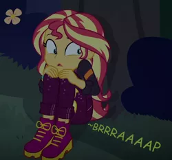 Size: 774x720 | Tagged: safe, artist:thedarkpony, derpibooru import, edit, edited screencap, screencap, sunset shimmer, equestria girls, equestria girls series, sunset's backstage pass!, spoiler:eqg series (season 2), cropped, fart, fart edit, fart noise, female, onomatopoeia, sitting, sound effects