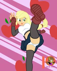 Size: 2100x2625 | Tagged: suggestive, artist:succubi samus, derpibooru import, applejack, equestria girls, attack, boots, breasts, clothes, cosplay, costume, crossover, cute, fanart, female, final fantasy, final fantasy vii, high kick, link in description, midriff, panties, panty shot, ponytail, shoes, show accurate, signature, skirt, socks, spread legs, spreading, thigh highs, tifa lockhart, underwear, upskirt, white underwear