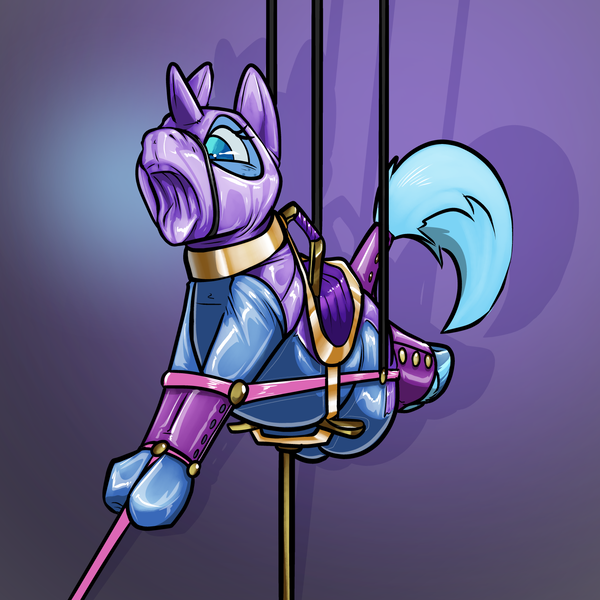 Size: 1500x1500 | Tagged: questionable, semi-grimdark, artist:akudrache, derpibooru import, oc, oc:ocean shores, unofficial characters only, pony, unicorn, asphyxiation, bondage, breathplay, carousel, carousel bondage, encasement, female, helpless, latex, mare, saddle, solo, story included, straps, suffocating, tack, tail wrap