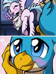 Size: 1183x1549 | Tagged: suggestive, artist:tarkron, derpibooru import, edit, gallus, silverstream, classical hippogriff, hippogriff, 2 panel comic, butt, comic, cropped, cute, diastreamies, eyes on the prize, female, gallabetes, gallstream, male, out of context, plot, shipping, straight, streambutt