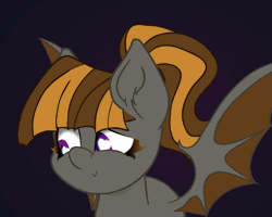 Size: 1347x1080 | Tagged: safe, artist:theotherpony, derpibooru import, part of a set, oc, oc:mythic dawn, unofficial characters only, bat pony, pony, animated, bat pony oc, bat wings, blushing, commission, cute, eyebrows visible through hair, fangs, female, gif, hair tie, kissing, looking away, mare, ocbetes, perfect loop, ponytail, purple eyes, simple background, smiling, smiling at you, solo, wings, ych result