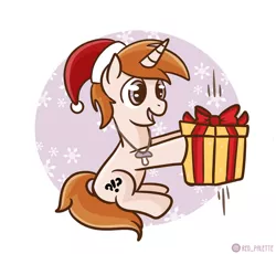 Size: 1280x1179 | Tagged: safe, artist:redpalette, derpibooru import, oc, oc:white shield, unicorn, christmas, commission, cute, hat, holiday, horn, male, pacifier, present, santa hat, sitting, smiling, snow, snowflake, unicorn oc, your character here