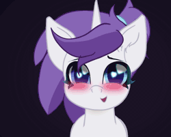 Size: 1271x1024 | Tagged: safe, artist:theotherpony, derpibooru import, edit, oc, oc:indigo wire, pony, unicorn, animated, blushing, female, fourth wall, gif, kissing, looking at you, looking away, mare, perfect loop, ponytail, solo