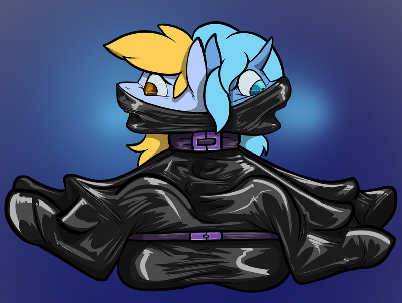 Size: 1500x1130 | Tagged: questionable, semi-grimdark, artist:akudrache, derpibooru import, oc, oc:essa bolt, oc:ocean shores, unofficial characters only, earth pony, pony, unicorn, asphyxiation, bondage, bound together, breathplay, collar, duo, duo female, encasement, female, gasping, helpless, latex, mare, suffocating, trapped