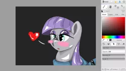 Size: 1366x768 | Tagged: safe, artist:@cameron, derpibooru import, maud pie, blushing, cute, digital art, heart, looking at something, maud being maud, rock, simple background