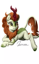 Size: 1600x2560 | Tagged: safe, artist:raphaeldavid, derpibooru import, autumn blaze, kirin, crossed legs, female, image, lying down, mare, png, prone, simple background, smiling, solo, white background