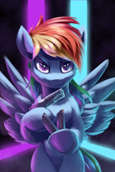 Size: 1200x1800 | Tagged: safe, alternate version, artist:ravistdash, derpibooru import, rainbow dash, pegasus, pony, bullet, gun, handgun, john wick, looking at you, m45a1, magazine, pistol, poster, smiling, solo, standing, weapon, wings