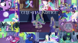 Size: 1974x1109 | Tagged: safe, derpibooru import, edit, edited screencap, editor:quoterific, screencap, clypeus, coco crusoe, cornicle, discord, lucky clover, meadow song, princess celestia, princess ember, princess luna, soupling, spike, starlight glimmer, sunburst, thorax, trixie, twilight sparkle, twilight sparkle (alicorn), alicorn, changedling, changeling, draconequus, dragon, pony, unicorn, celestial advice, bowing, crying, cutie map, dragoness, eyes closed, female, flyswatter, glowing horn, horn, hug, king thorax, magic, magic aura, magic circle, mare in the moon, moon, one eye closed, open mouth, royal guard, sad, tears of joy, tongue out, twilight's castle