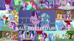 Size: 1978x1114 | Tagged: safe, derpibooru import, edit, edited screencap, editor:quoterific, screencap, applejack, bulk biceps, clarity cut, fluttershy, granny smith, pinkie pie, rainbow dash, rarity, starlight glimmer, trixie, twilight sparkle, twilight sparkle (alicorn), alicorn, earth pony, pegasus, pony, unicorn, all bottled up, anger magic, angry, butt, eyes closed, floppy ears, glowing eyes, glowing horn, horn, magic, magic aura, mane six, open mouth, red eyes, trixie's puppeteering, twibutt