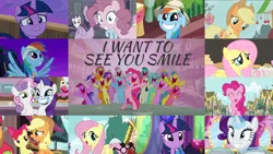 Size: 1960x1103 | Tagged: safe, derpibooru import, edit, edited screencap, editor:quoterific, screencap, amethyst star, apple bloom, applejack, berry punch, berryshine, big macintosh, bon bon, carrot top, cherry berry, cloud kicker, daisy, dizzy twister, flower wishes, fluttershy, golden harvest, lemon hearts, linky, lyra heartstrings, minuette, orange swirl, pinkie pie, rainbow dash, rarity, sea swirl, seafoam, shoeshine, spring melody, sprinkle medley, sweetie belle, sweetie drops, twilight sparkle, twilight sparkle (alicorn), twinkleshine, alicorn, earth pony, pegasus, pony, unicorn, a friend in deed, call of the cutie, forever filly, newbie dash, no second prances, once upon a zeppelin, putting your hoof down, stranger than fan fiction, the cutie map, the one where pinkie pie knows, the perfect pear, the saddle row review, equal cutie mark, equal sign, equalized, glowing horn, gritted teeth, hat, horn, looking at you, magic, magic aura, mane six, nose in the air, open mouth, safari hat, smile song, smiling, smiling at you