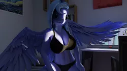 Size: 5120x2880 | Tagged: 3d, absurd resolution, alicorn, anthro, artist:hmage, blender, bra, breasts, clothes, computer monitor, crepuscular rays, derpibooru import, horn, princess luna, s1 luna, safe, solo, underwear, wings