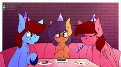 Size: 1933x1083 | Tagged: safe, artist:kirbirb, derpibooru import, oc, oc:chance, oc:daudaen, oc:notetaker, unofficial characters only, earth pony, pegasus, birthday party, cake, food, gift art, glasses, hat, party, party hat, party horn