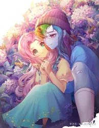 Size: 1371x1771 | Tagged: safe, artist:dengdengbobo, derpibooru import, fluttershy, rainbow dash, butterfly, insect, equestria girls, anime, anime style, blushing, clothes, cute, dashabetes, female, flower, flutterdash, lesbian, shipping, shyabetes, socks