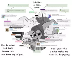 Size: 3000x2398 | Tagged: safe, artist:chopsticks, derpibooru import, oc, oc:cookie cutter, unofficial characters only, earth pony, pegasus, pony, unicorn, ask, ask cookie cutter, cheek fluff, chest fluff, crowd, crying, dialogue, feels, female, filly, foal, heart, magic, male, mare, monochrome, rope, stallion, telekinesis, text