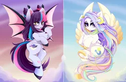 Size: 7920x5198 | Tagged: safe, artist:xsatanielx, derpibooru import, oc, oc:comet tail, oc:sugar night, unofficial characters only, bat pony, pegasus, pony, bat pony oc, bat wings, female, looking at you, mare, rcf community, wings