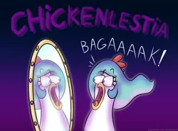 Size: 955x708 | Tagged: safe, artist:banebuster, derpibooru import, princess celestia, bird, chicken, original species, series:tiny tia, between dark and dawn, alektorophobia, fear, gradient background, image, jpeg, mirror, open mouth, species swap, that princess sure is afraid of chickens, wild take